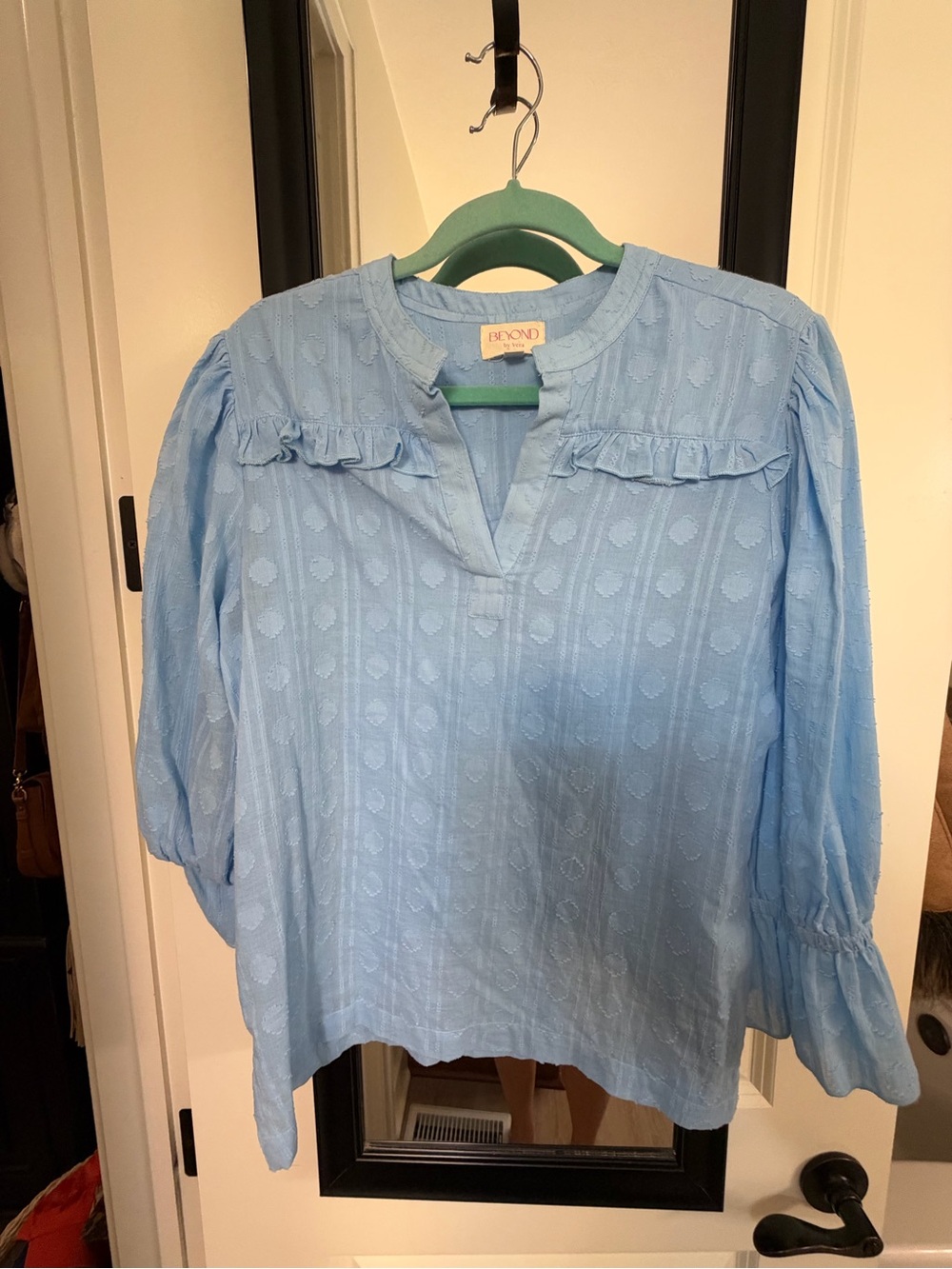 Light Blue Ruffle-Back Women's Blouse - Picture 2 of 10